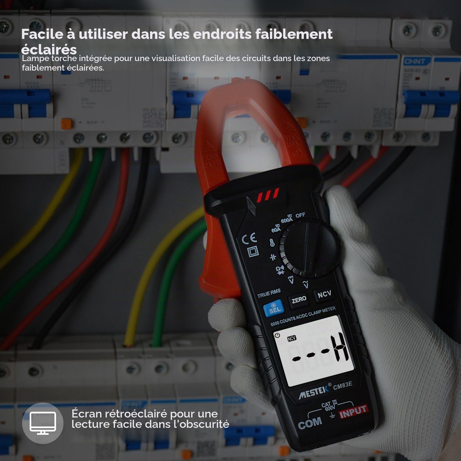 MESTEK Pince Ampèremétrique Numérique AC/DC, 600A Multimètre Automatique T-RMS 6000counts, Voltmètre Amperemetre Mesure Courant Tension Résistance Température Diode Continuité Hz Capacité NCV
