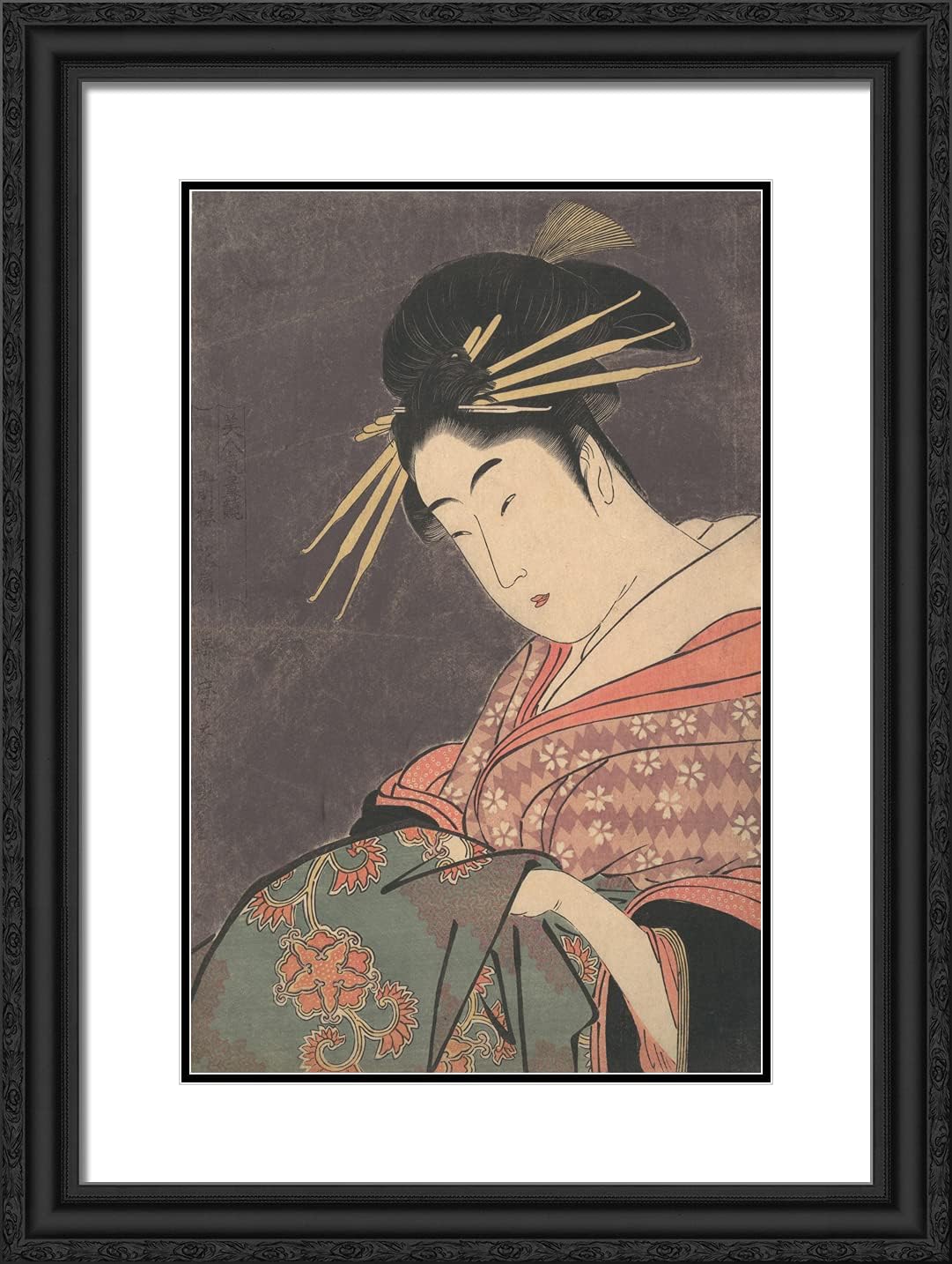 ArtDirect Utamaro, Kitagawa 19x24 Black Ornate Framed Art Print with Double Matting Titled: Hanaogi of the Gomeiro