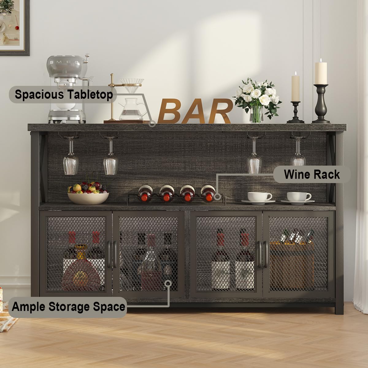 LVB Gabinete de bar de vinos, gabinete industrial para licor y vasos, aparador moderno con estante de almacenamiento, bar rústico de licor para cocina, comedor, sala de estar, roble gris oscuro, 47