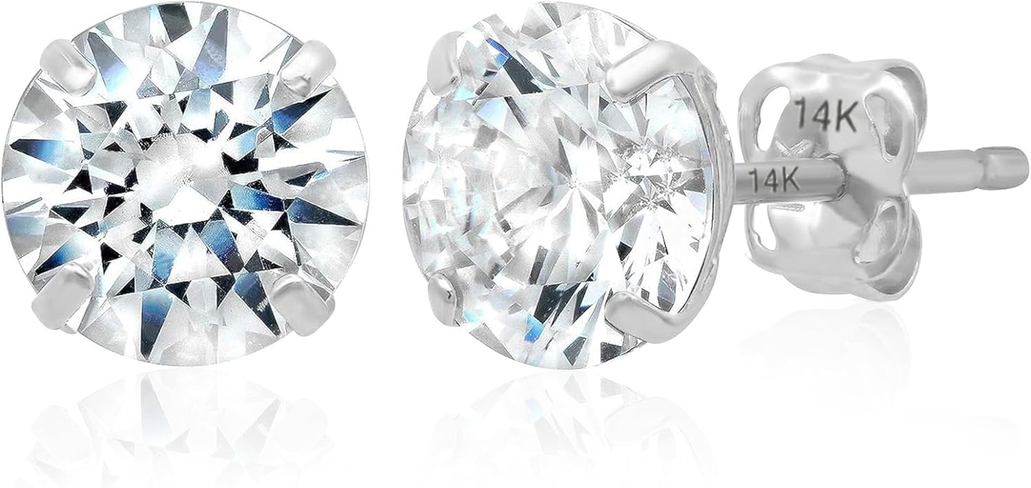 14k Gold Solitaire Round Cubic Zirconia Earrings Studs for Women & Men | Anti Tarnishing CZ Stud Earrings with 14k Gold Butterfly Pushbacks | 4MM-7.5MM by MAX + STONE