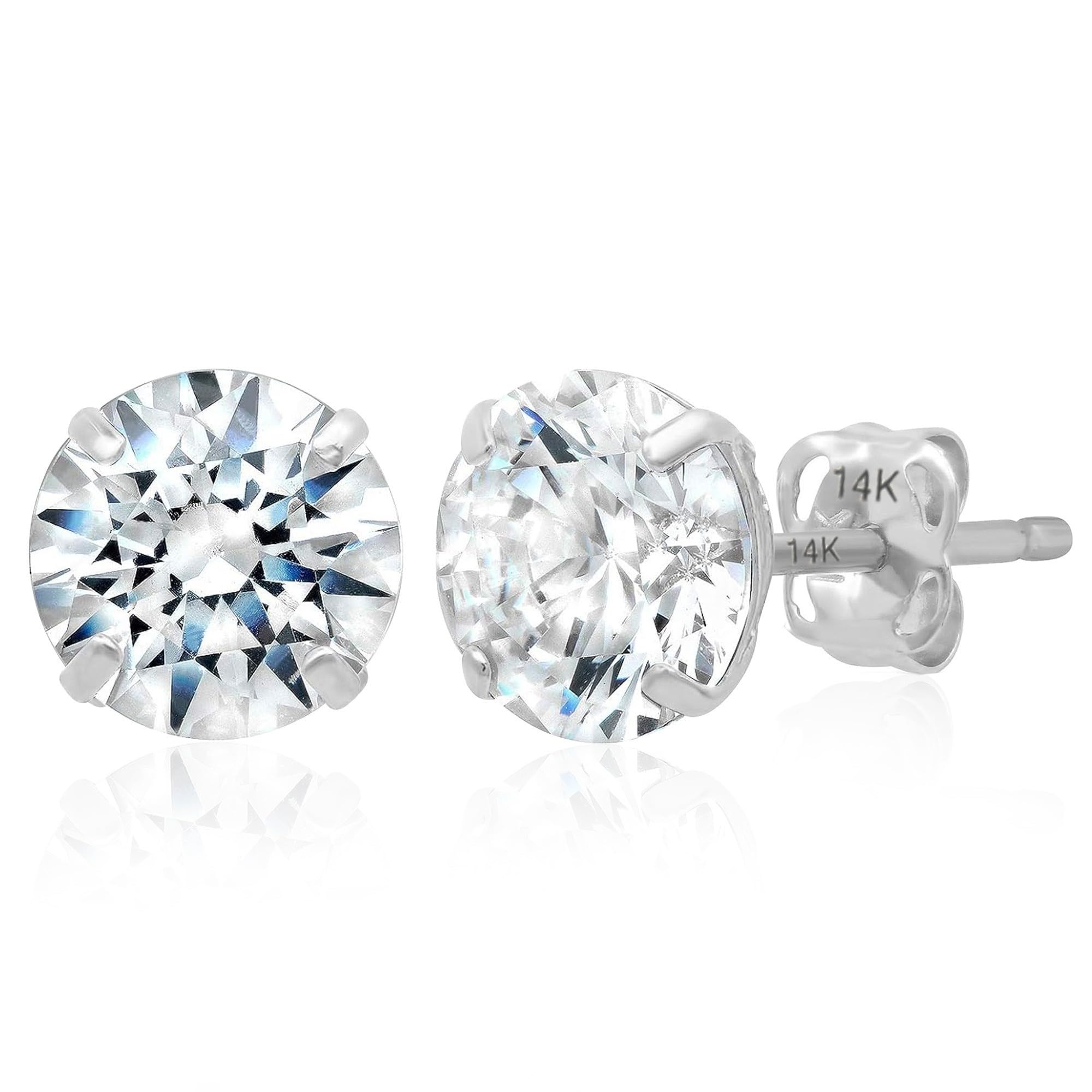 - 14k Gold Solitaire Round Cubic Zirconia Earrings Studs for Women & Men | Anti Tarnishing CZ Stud Earrings with 14k Gold Butterfly Pushbacks | 4MM-7.5MM by MAX + STONE