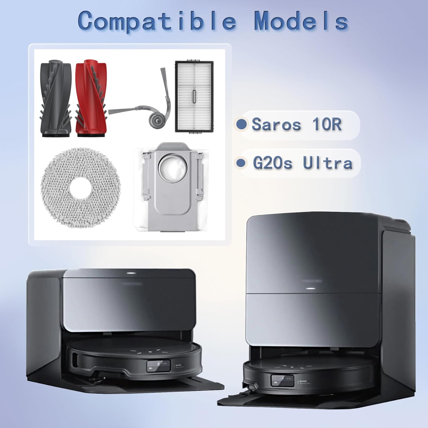 Replacement Accessories Kit Compatible With Roborock Saros 10R, G20s Ultra Robot Vacuum, Include 2 Duo Main Brushes+6 Side Brushes+6 HEPA Filters+6 Mop Pads+8 Dust Bags