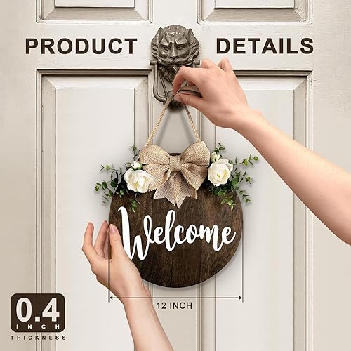 Miniatura 3 de MayAvenue - Letrero decorativo de corona de bienvenida para puerta delantera, letrero redondo de madera colgante con lazo de cinta y hojas verdes