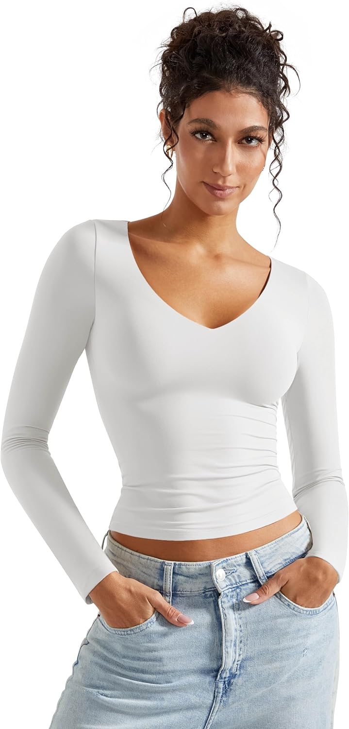 SUUKSESS Women Double Lined Casual V Neck Crop Tank Tops Basic Long Sleeve Shirts - Image 2