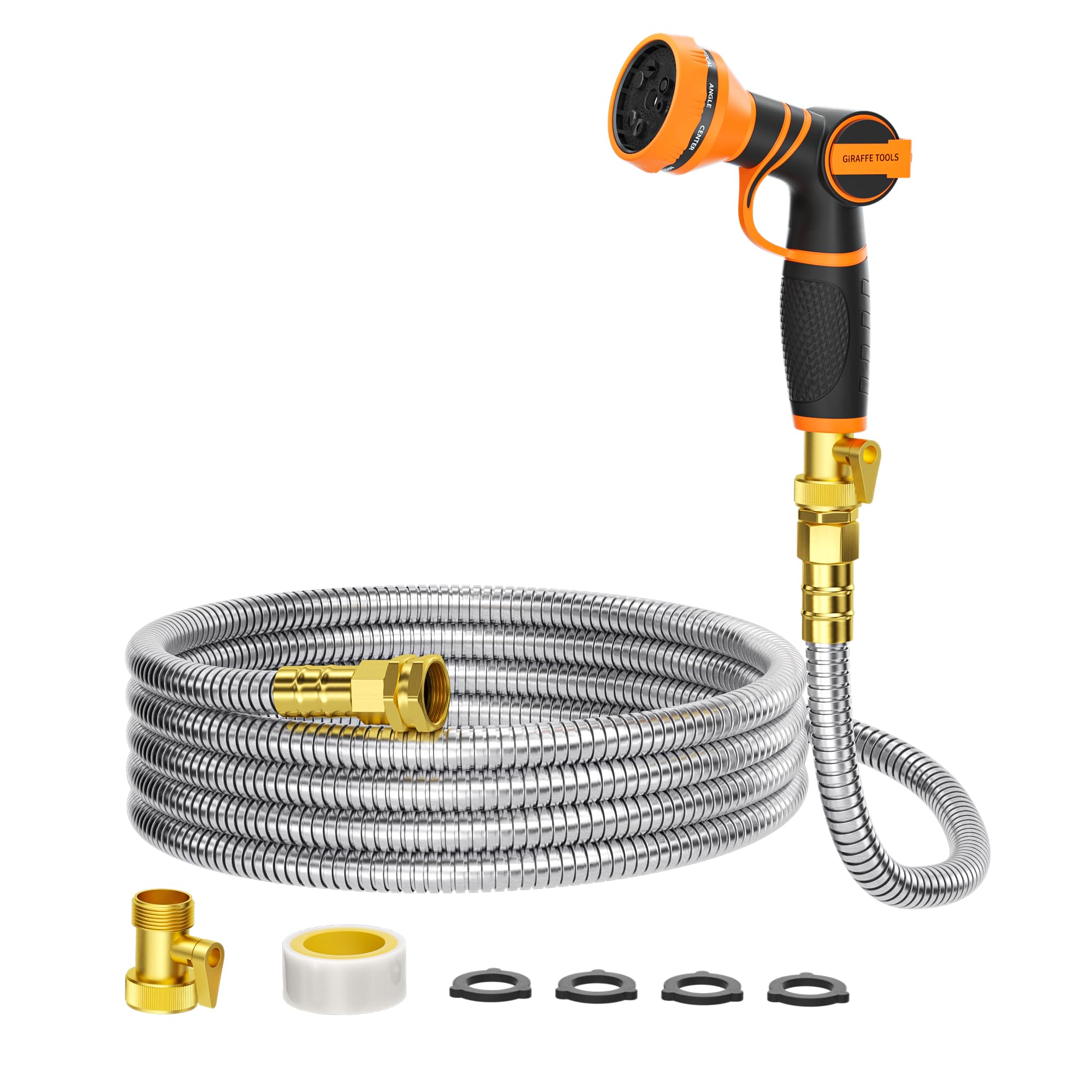 Girafe Tools Garden Hose 25ft x 5/8", 304 Stainless Steel Metal Water Hose, No Kink Garden Water Hose with 9 Pattern Spray Nozzle, Flexible, Lightweight, Kink Free Hose for Yard, Outdoor