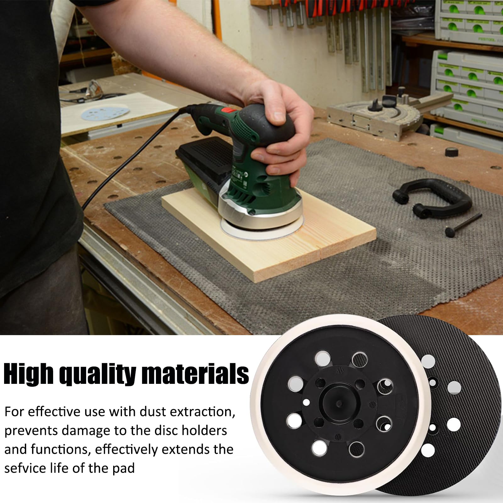 Piatto abrasivo da 125 mm, con 8 fori e sistema di fissaggio e velcro, piatto abrasivo per Bosch PEX 300 AE e PEX 400 AE