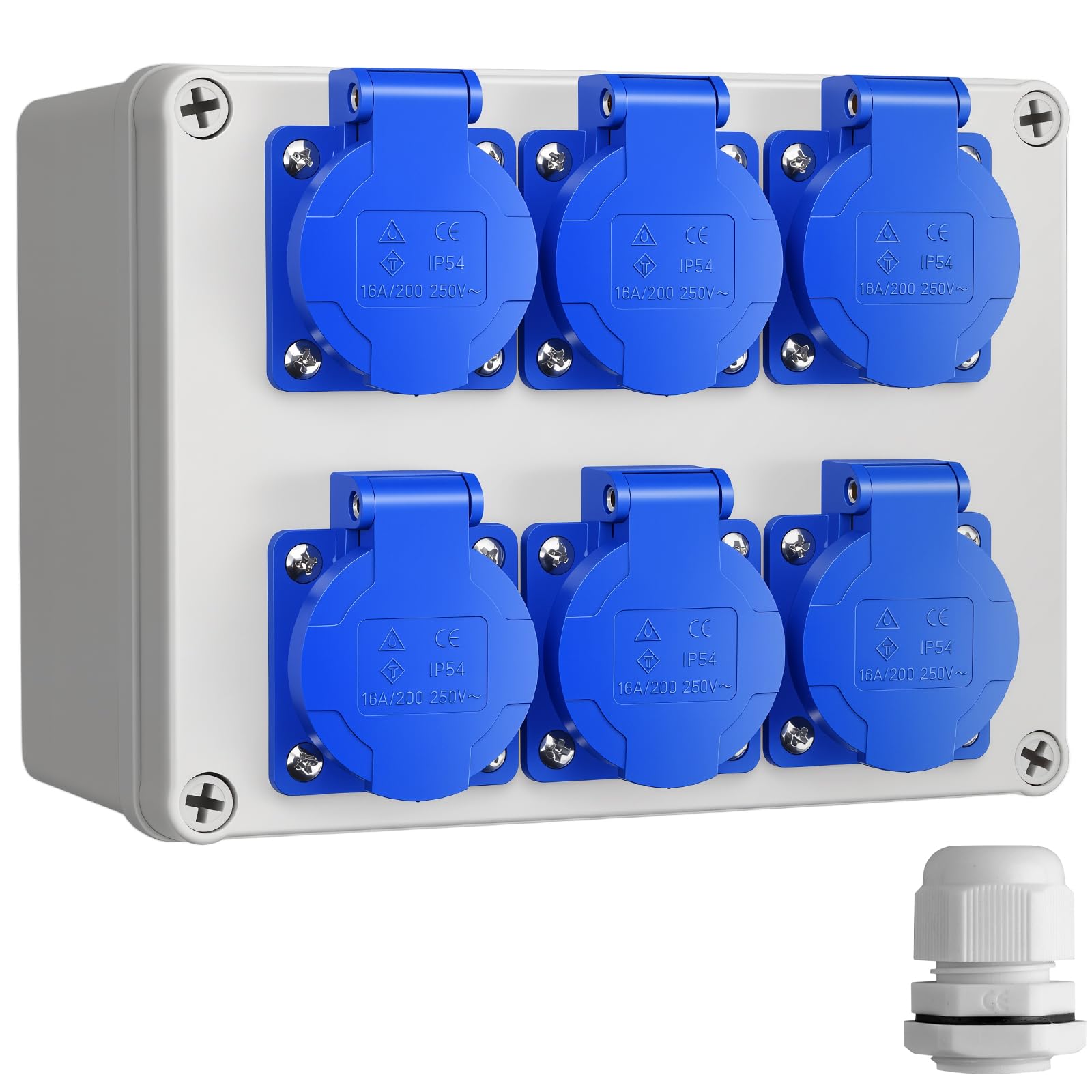 Distributeur d'alimentation mural 6 prises 16A 220V IP54, répartiteur de courant étanche pour usage intérieur et extérieur, idéal pour chantier, atelier et garage