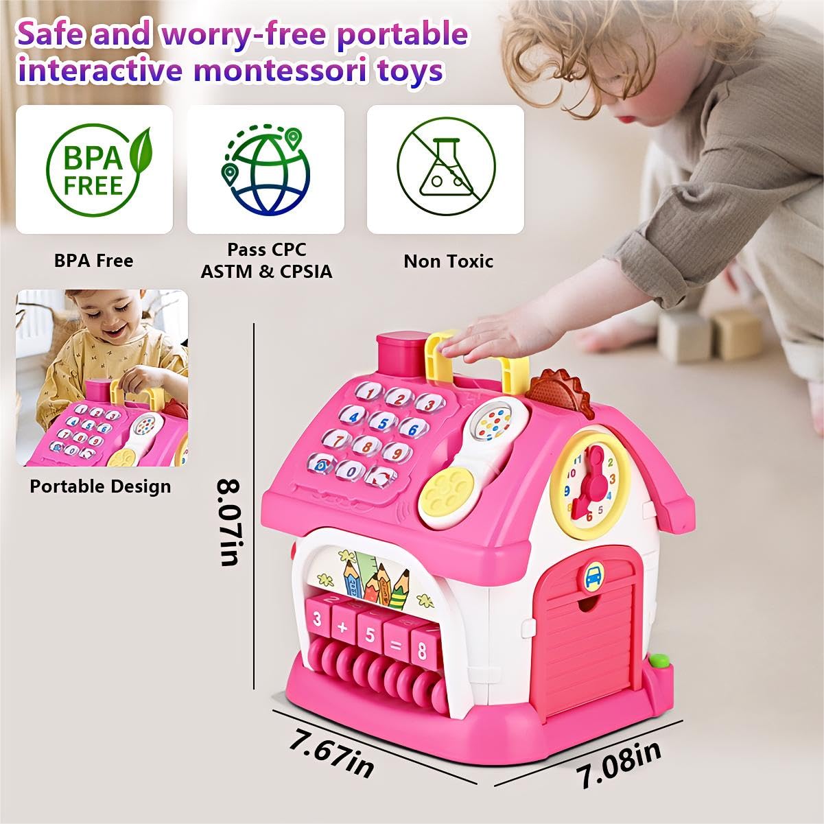 Toys for 1+ Year Old Girls - Montessori 8-in-1 Musical Activity House Toys with Lights, Sounds & Bilingual EN/ES Learning, First Birthday & Xmas Gifts for 1 2 3 Year Old Girl