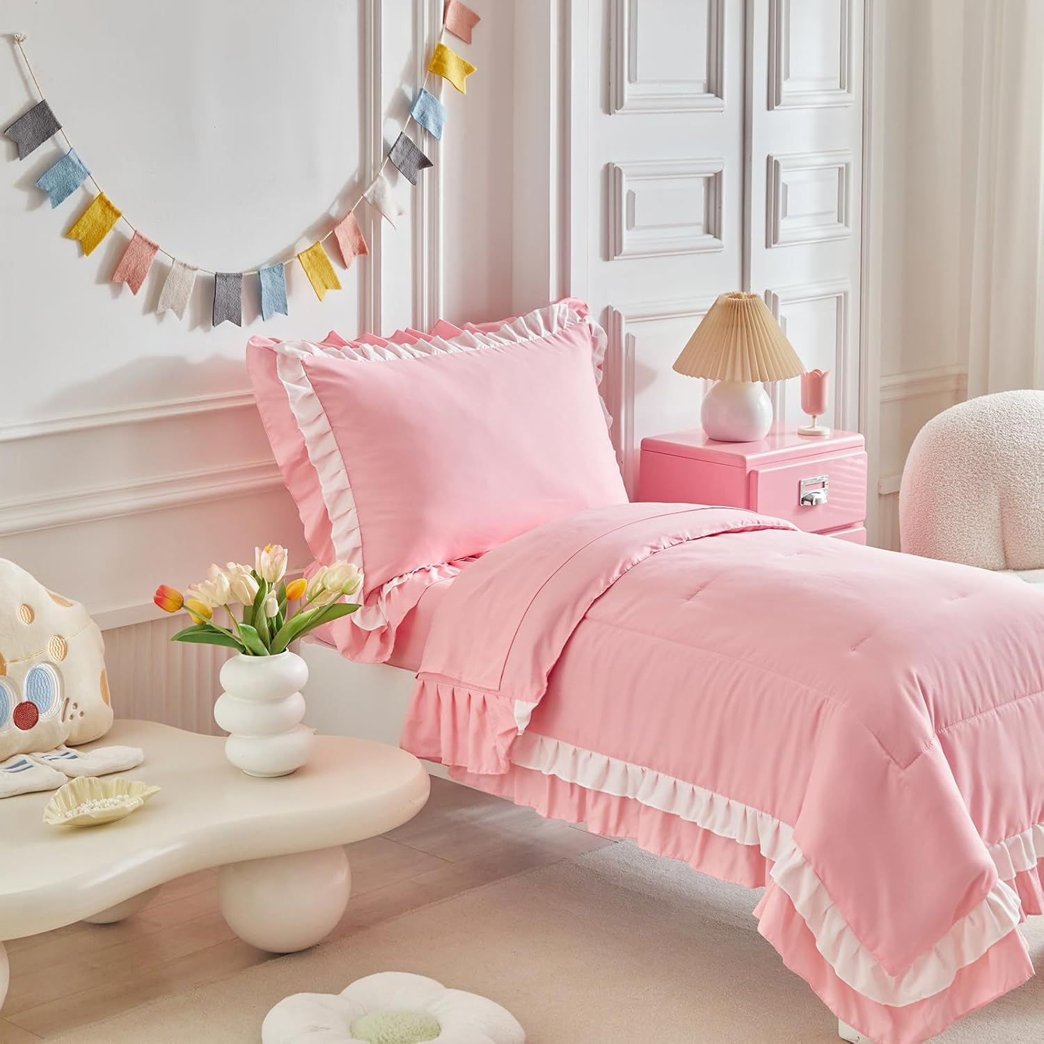 4 Pieces Double Layer Toddler Bedding Set - Pink & White Ruffle Fringe 4 Pieces Toddler Bed Set - 1 Cute Baby Comforter + 1 Fitted Sheet +1 Flat Sheet +1 Pillowcase for Baby Boys and Girls Pink
