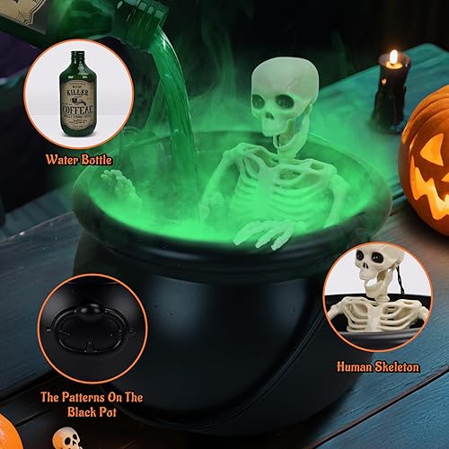 Miniatura 7 de Caldero decoraciones de Halloween para interiores  Juego de pociones flotantes mágicas de esqueleto con caldero de brujas y fabricante de niebla LED