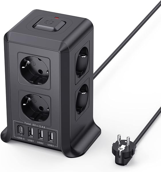 Torre Regletas Enchufes, Regleta USB 8 Tomas de AC y 4 USB Enchufe Multiple, 2500W/10A,Regleta Enchufes Proteccion Sobretension, 2M Regreltas Vertical con Interruptor para Mesa, Oficia, Casa, Negro - 1