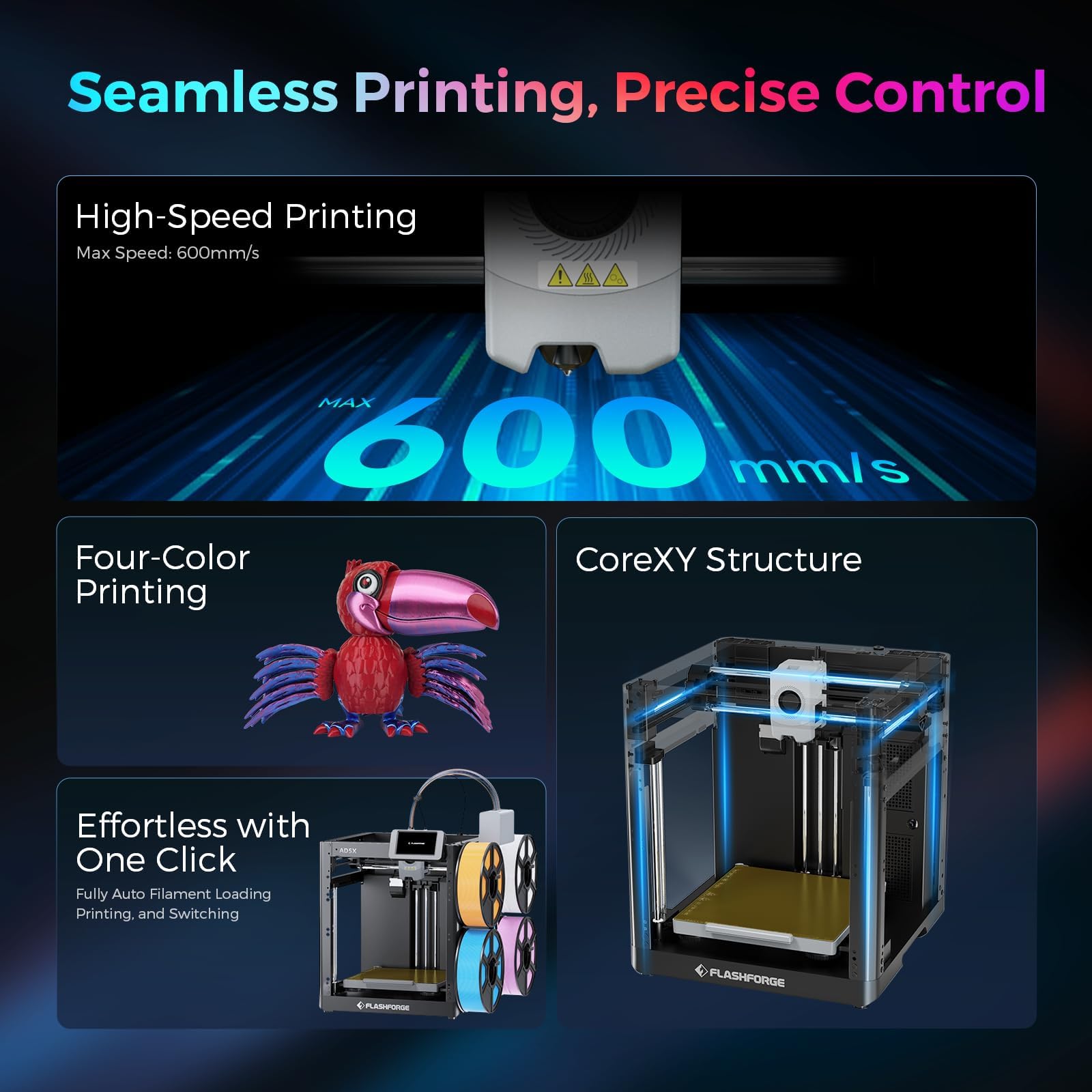 Flashforge AD5X Multicolor-3D-Drucker für Hochgeschwindigkeitsdruck in Vier Farben, maximale Geschwindigkeit 600 mm/s, automatische Nivellierung per Knopfdruck, Multi-Material-3D-Drucker mit IFS