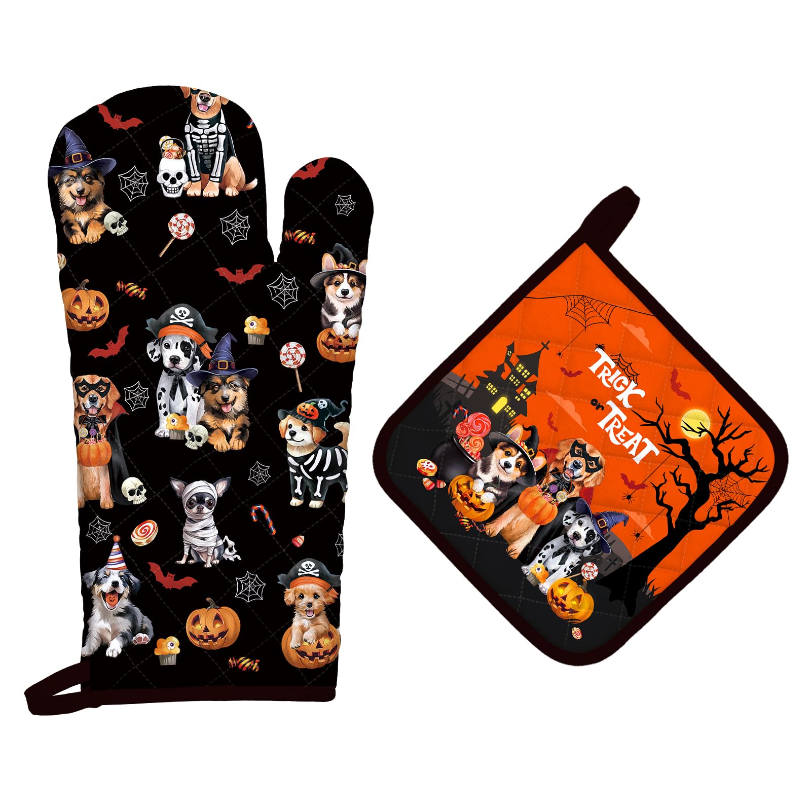 Halloween Dog Oven Mitts and Pot Holders -100% Cotton, Heat Resistant Extra Long Oven Gloves & Hot Pads for Cooking BBQ Grilling Baking Gift, Set of 2