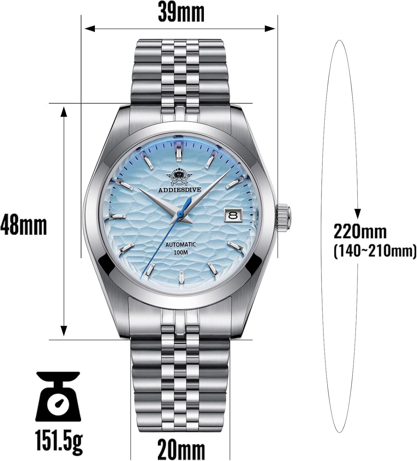 ADDIEDIVE 39MM Orologio Automatico da Uomo Ripple Quadrante Solid Steel Band NH35a Movimento