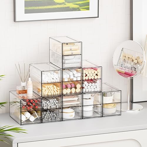 Miniatura 8 de Yieach Paquete de 9 cajones acrílicos pequeños con 18 cajones, organizadores de cajones transparentes apilables, escuela, suministros de oficina y