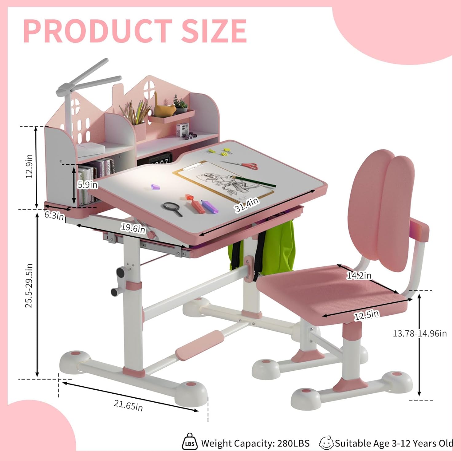 Kids Desk and Chair Set for Ages 3-12, Height Adjustable Study Desk with 54°Tilt Desktop, Children Writing Set with LED Light & Drawer & Hook & Cushion, Gift for Girls Boys in Home and School, Pink