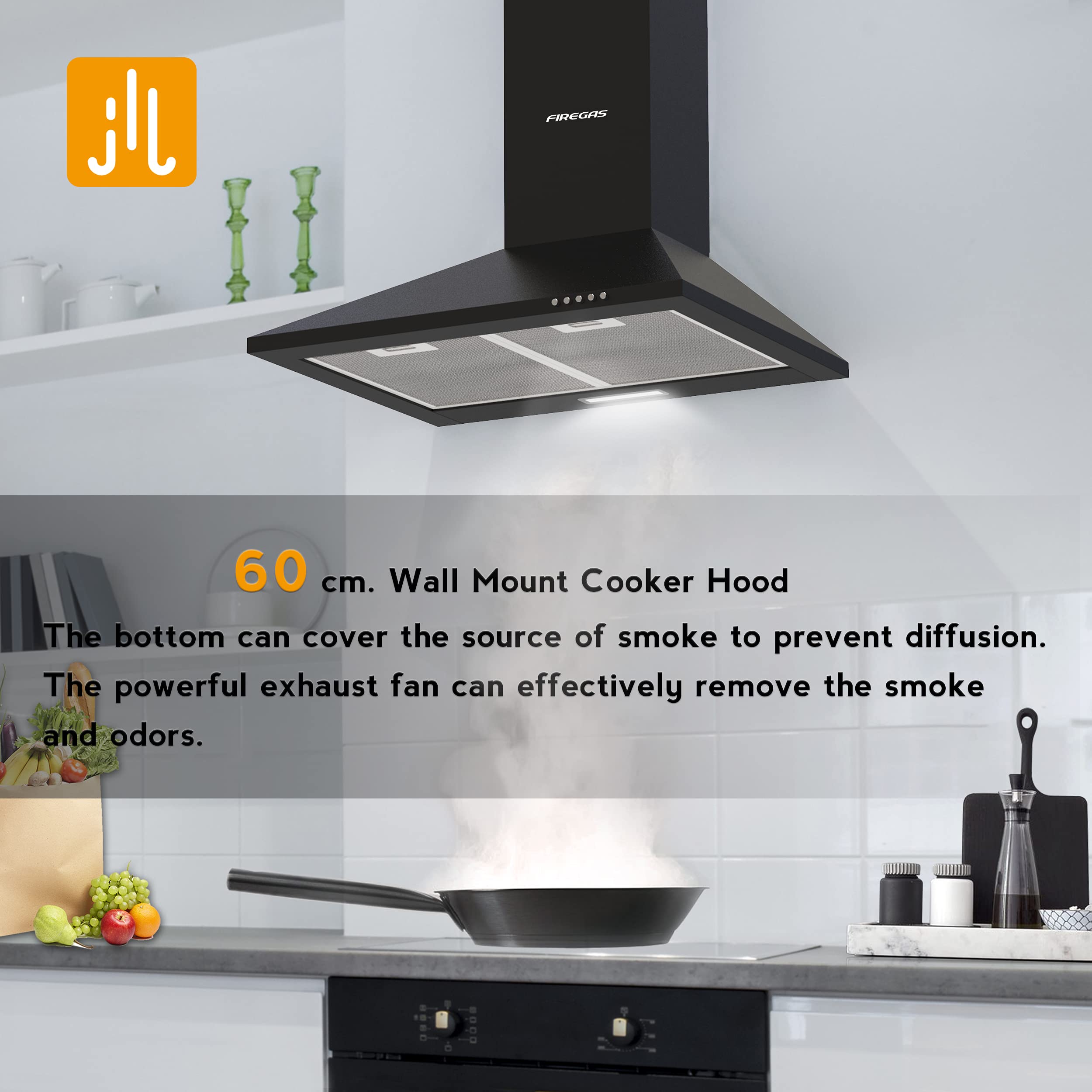 FIREGAS Black Chimney Cooker Hood 60cm with Carbon Filters Stainless