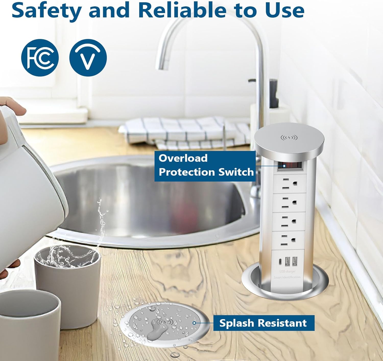 BTU Pop Up Outlet for Countertop, 4 Inch Hole Receptacle Power Strip with USB C & 4 AC Outlet, Pull Popup Outlet Recessed Power Socket with 10W Wireless Charger for Kitchen Conference Office