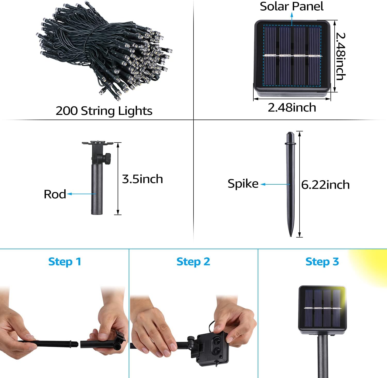 TORCHSTAR 200 LED Solar String Lights Outdoor, Waterproof Solar Lights Outdoor Decorative, Green Wire Solar Tree Lights for Patio, Garden, Party, Christmas, RGB - - 