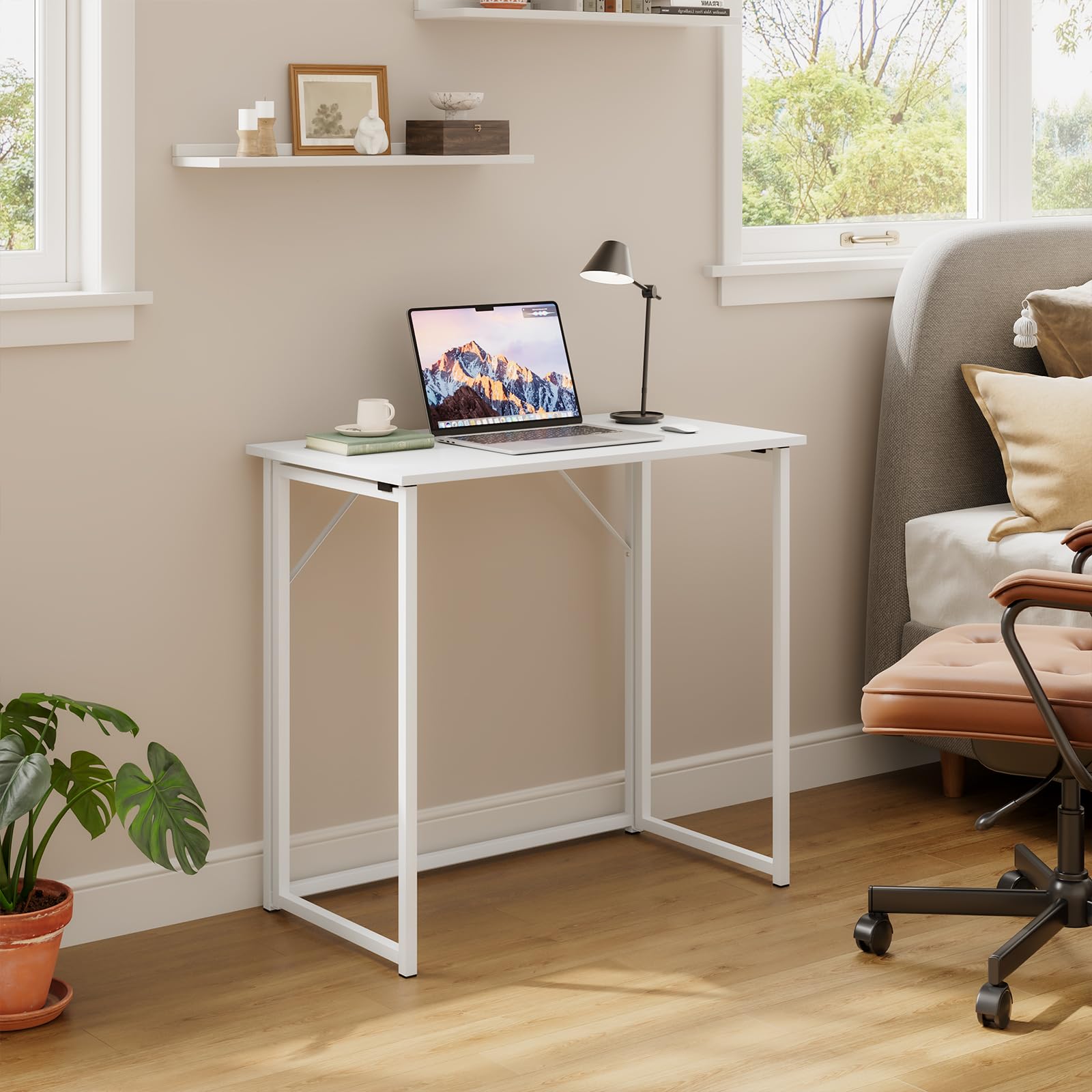 Dripex Mesa Escritorio Plegable, Compacto, Estable y Fácil de Montar, Mesa Pequeña Ordenador para Casa Oficina y Cualquier Poco Espacio, Color Blanco, 80 x 46 x 74cm