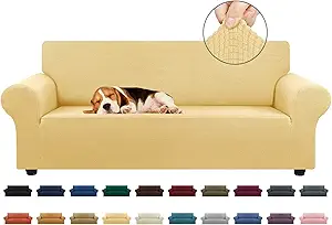 KEKUOU Stretch Sofa Cover Slipcover ,Couch Covers for 3 Cushion Couch Sofa pet Friendly (78"-94") Furniture Protector Sofa with Elastic Bottom for Kids,Dog, Jacquard Small Checked(Large,Champagne)
