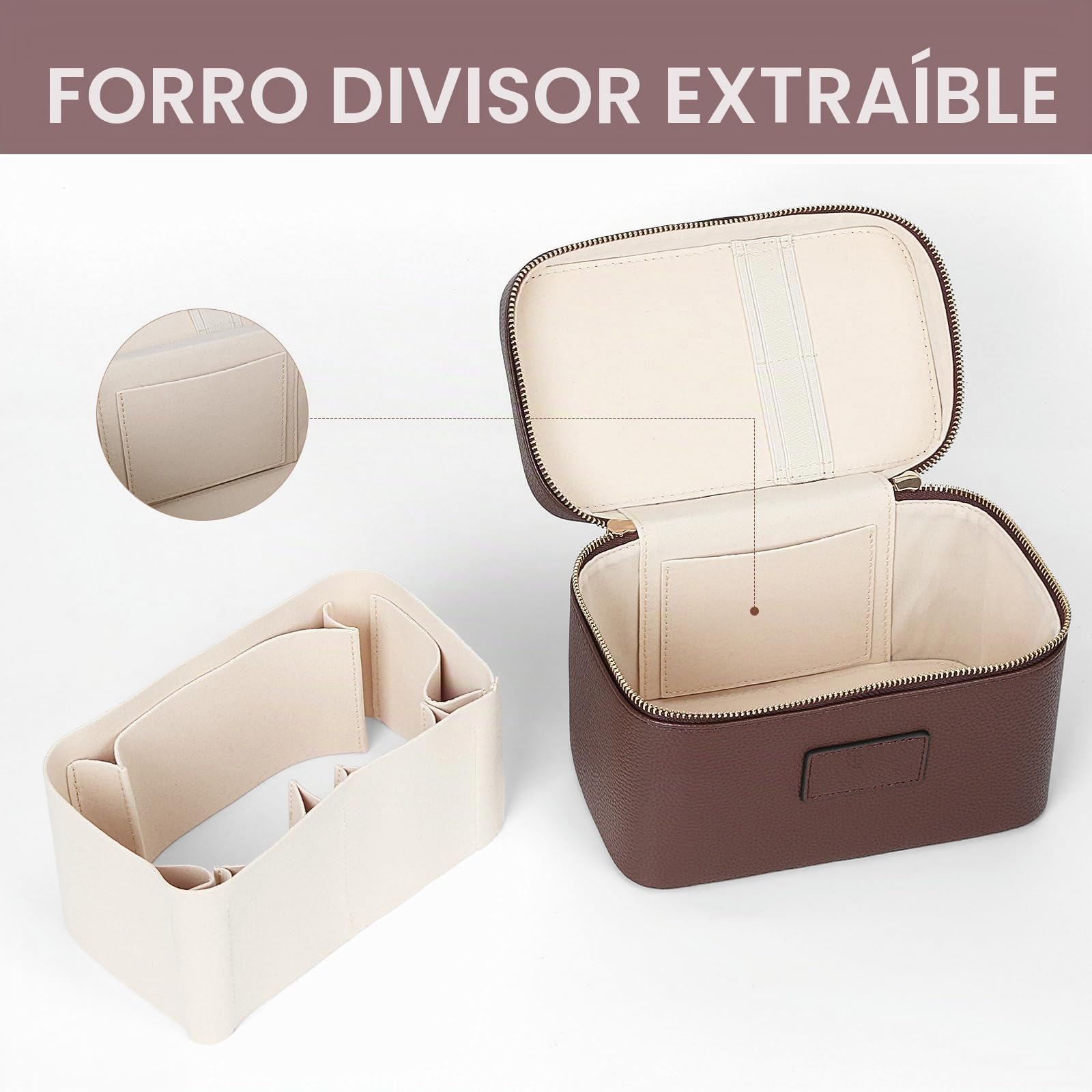 HiTotes Neceser de piel para mujer, neceser de viaje, organizador de maquillaje con divisor extraíble para uso diario, 01-café, 21.5cm, Neceser