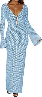 Crochet Swimsuit Cover Up for Women Sexy V Neck Hollow Out Backless Maxi Dress Beach Bikini Coverup Dresses - Buy now
