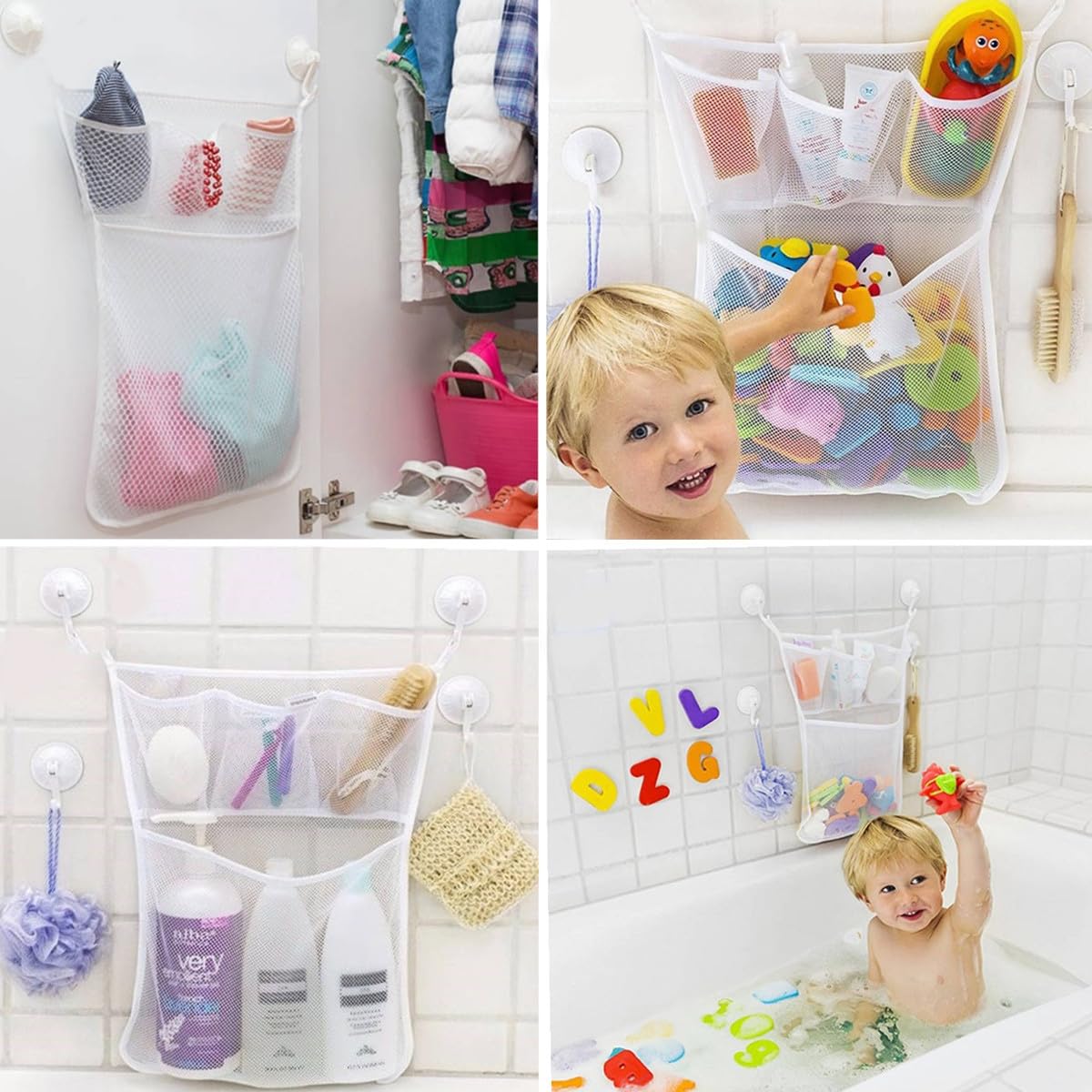 TOPBATHY 3pezzi Borsa Da Doccia Per Ventosa Contenitore Per Giocattoli Organizer Per Bagnetto Rete Scomparti Per Bagno Bianco