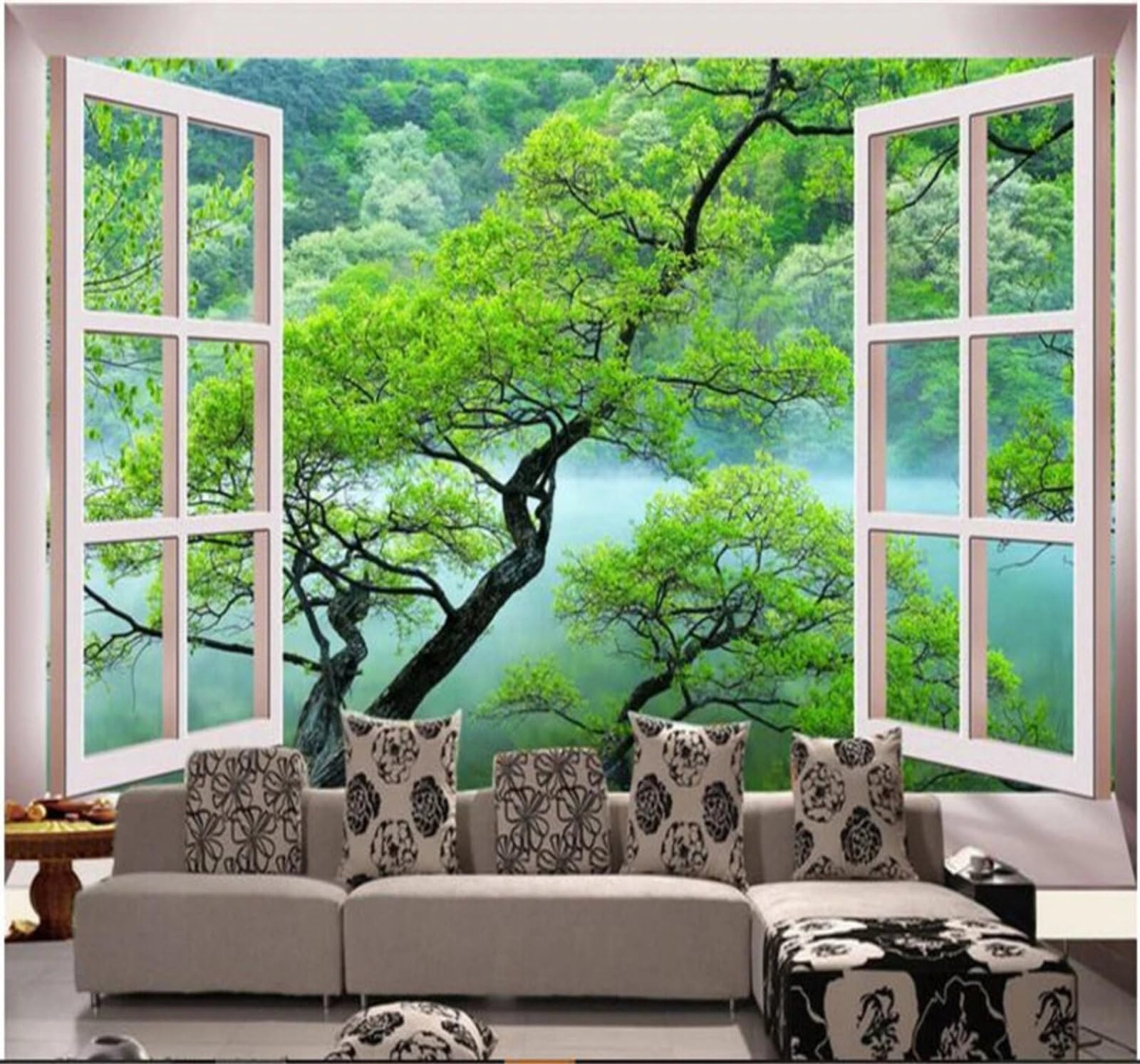 Xlming 250Cm×170Cm(B×H) Three Dimensional Green Forest Window Spatial Expansion 3D Wallpaper Luxury Home Dining Decor Paste Sofa Living Room The Wall For Bedroom Mural-250Cm×170Cm