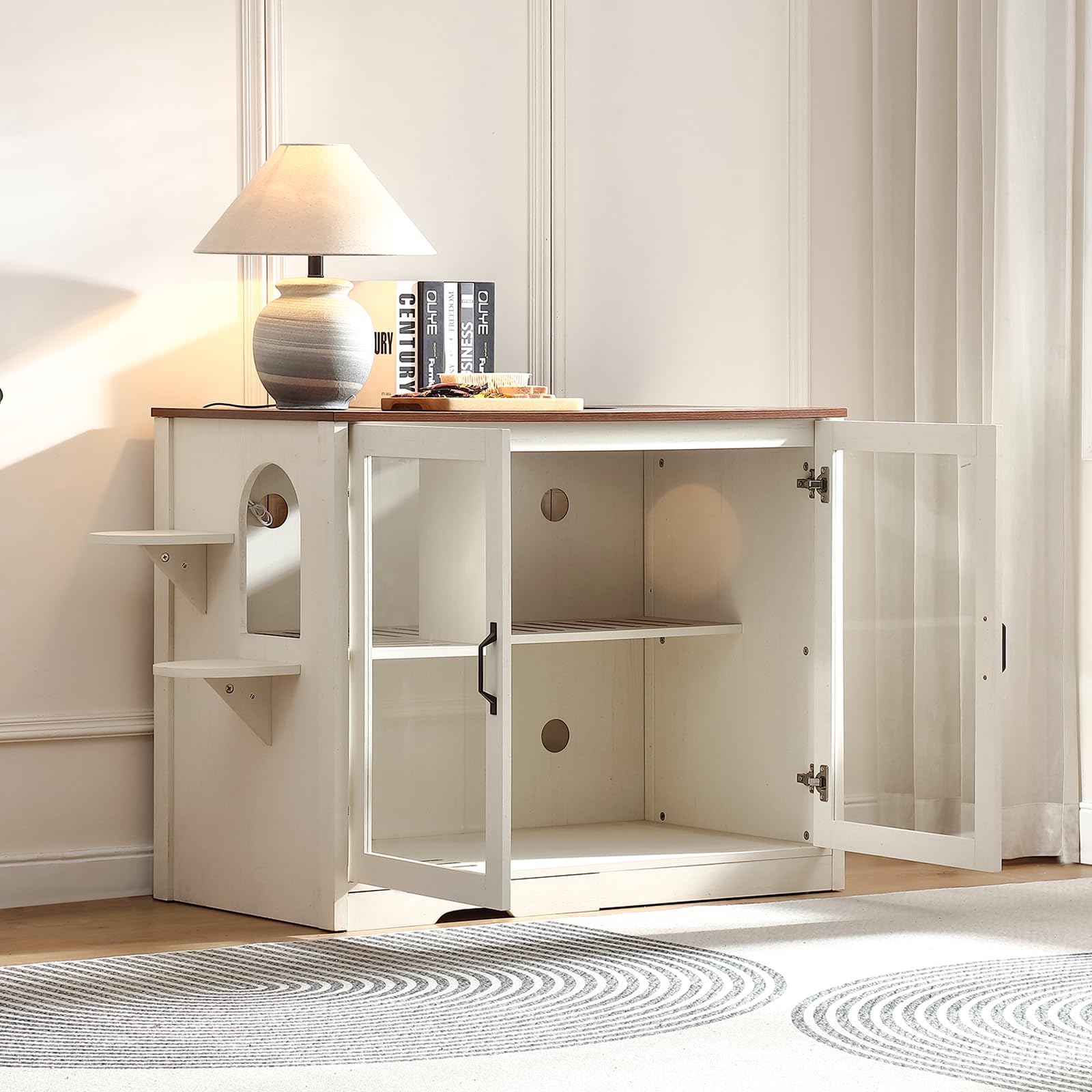 FOREST GRAVITY Cat Cabinet Litter Step Box Furniture Armoire à Chat Litière Box Meuble Meuble Moderne 125.5 * 83 * 60 cm Maison pour Chat avec Porte et cloison séparée Blanc Antique
