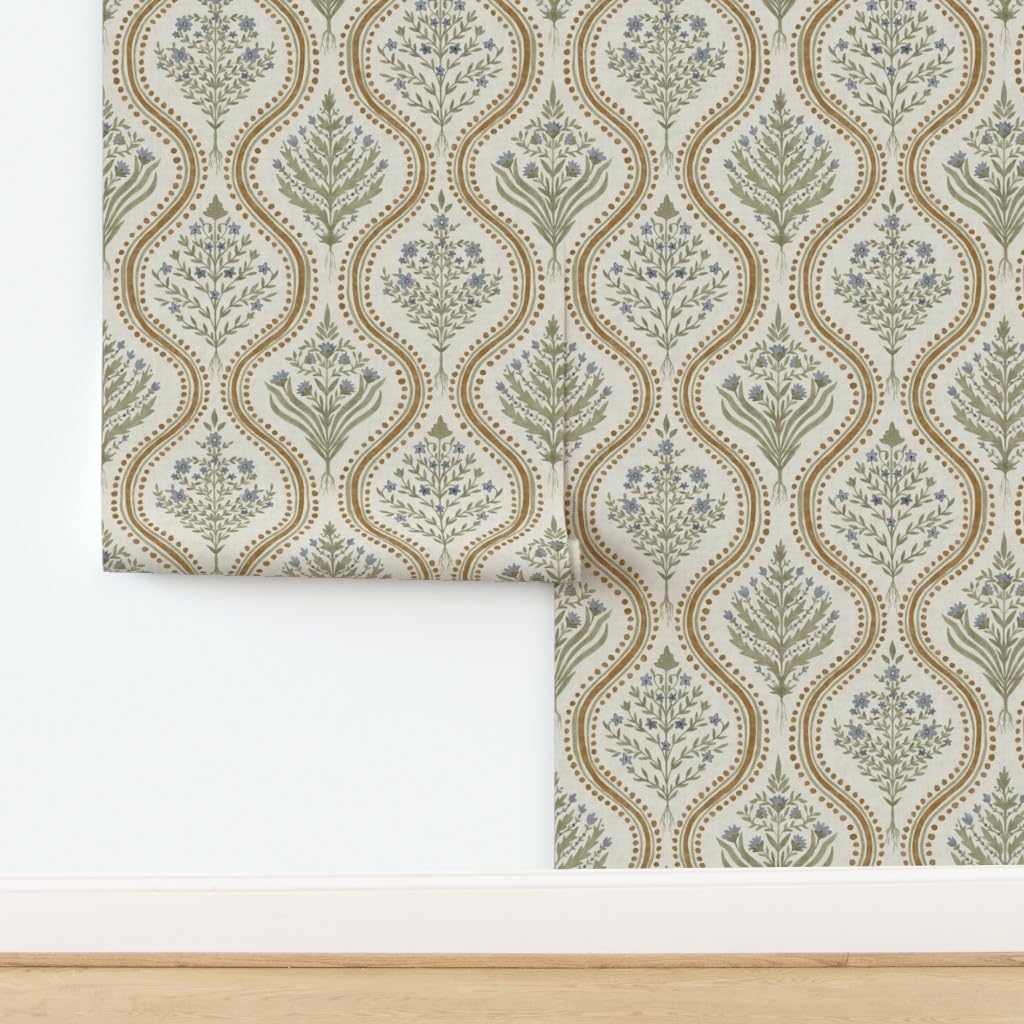 Spoonflower Removable Wallpaper Swatch - Damask Neutral Cottage Herbs French Natural Custom Pre-Pasted Wallpaper