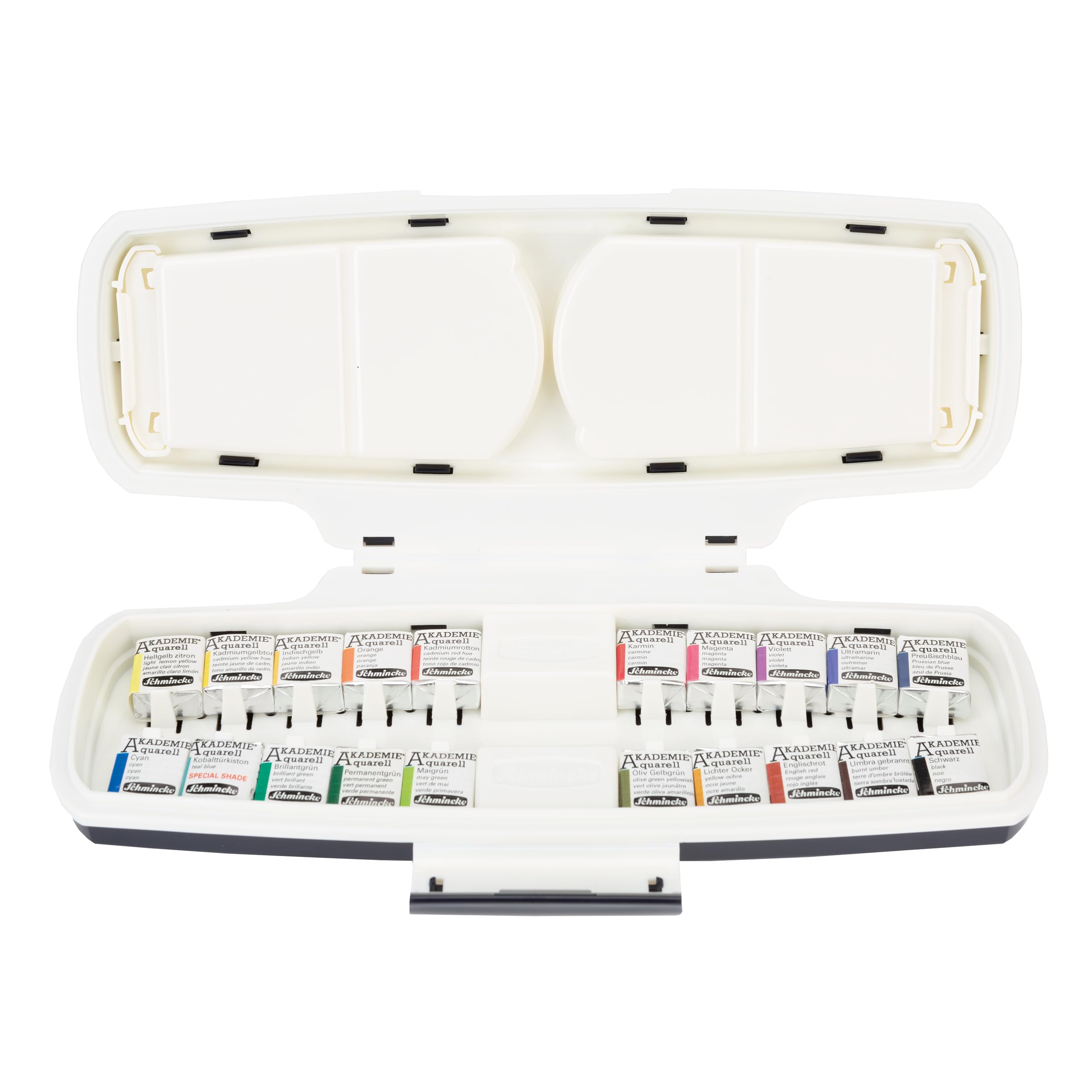 Schmincke Akademie® Aquarell 75786097 Lightweight Plastic Box with 20 Fine Watercolour Paints in 1/2 Bowls Including Special Tone Cobalt Turquoise Stone — image 1