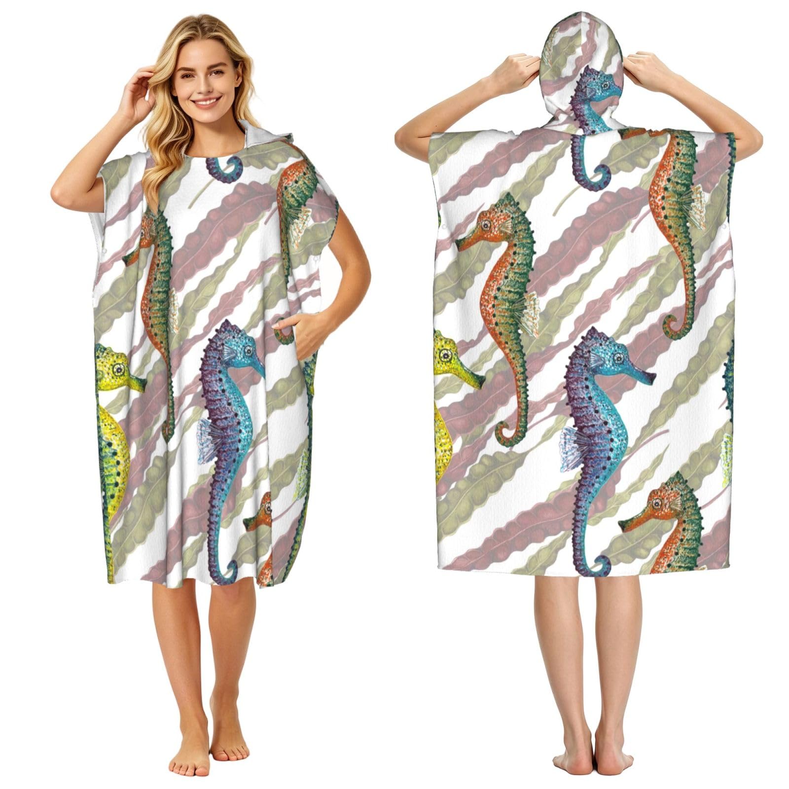 Poadnly Laminaria Seahorse, Adult Hooded Beach Towel 90 x 110 cm,Changing Bath Robe, Surf Poncho Towel For Women Men