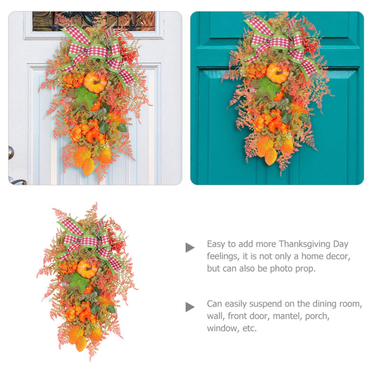FRCOLOR Guirnalda Colgante para Puerta de Entrada Calabaza de Plástico y Tela, Adorno para Fiesta de Acción de Gracias, Resistente y Fácil de Colgar