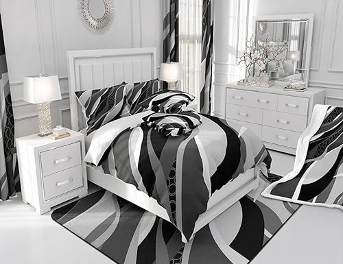 Miniatura 6 de Manfei Juego de sábanas de tamaño matrimonial color negro y gris, juego de sábanas circulares de rayas onduladas abstractas de 4 piezas con sábana