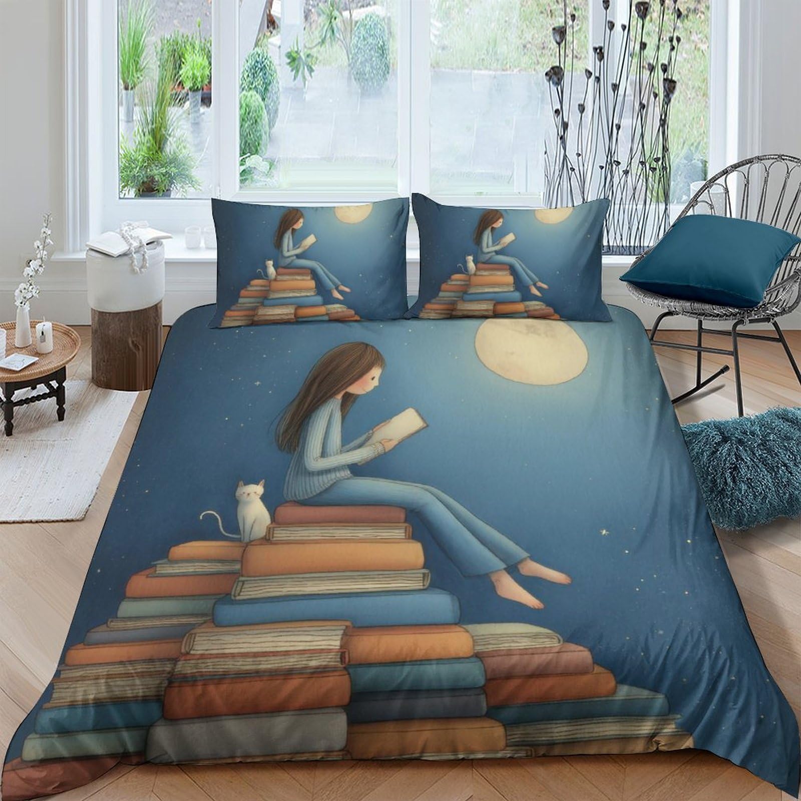 Ctjqhvkz Style-10 3D Printed Book Reading Night Fitted Sheet Microfiber Soft Bedroom Decor Moon Stack Mattress Cover Single（135X200cm）