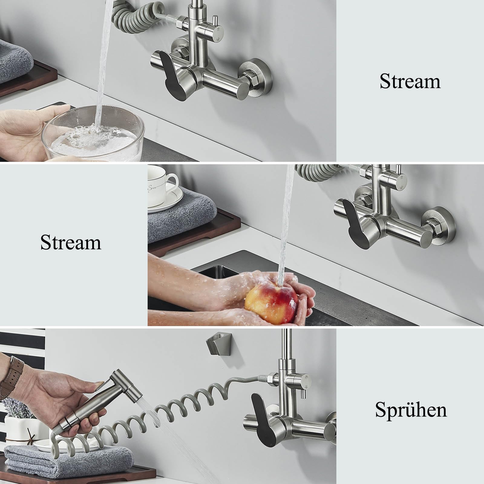 Grifo de cocina montado en la pared, grifo de pared para cocina con pistola pulverizadora, giratorio 360°, montaje en pared, acero inoxidable cepillado