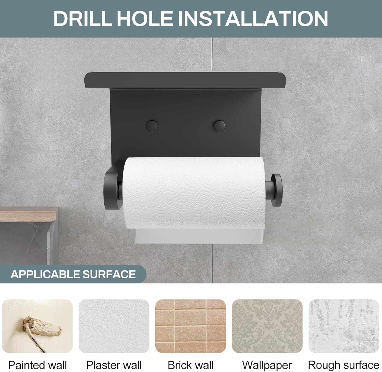 SetSail Toilet Paper Holder with Shelf Adhesive or Screw Bathroom Toilet Paper Roll Holders Wall Mount Matte Black Tissue Holder for Bathroom Hardware Accessories
