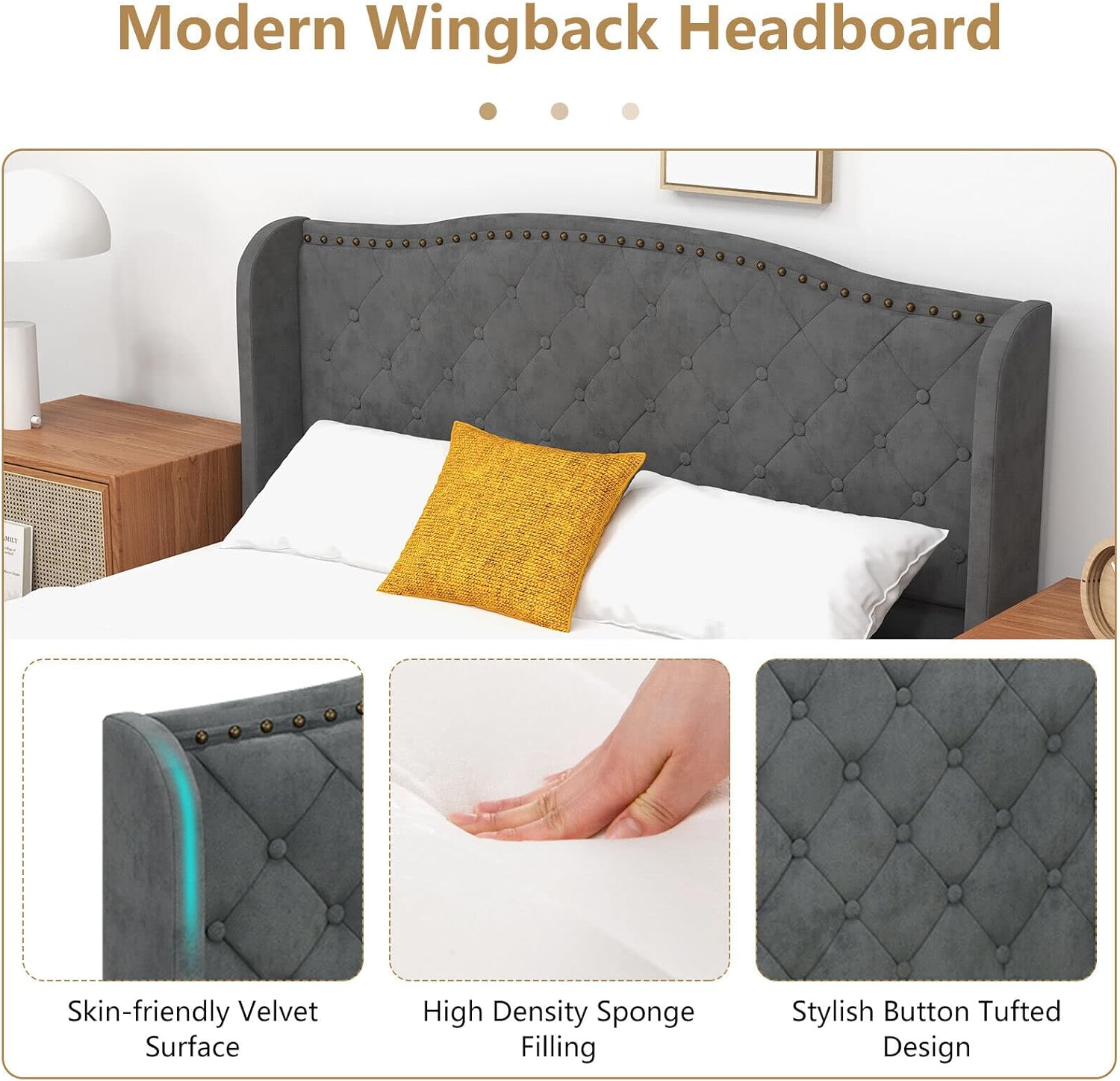 GORELAX Upholstered Full Bed Frame, Low Velvet Mattress Foundation w/Wood Slats & Noise-Free EVA Foam, Button Tufted Wingback Headboard, No Box Spring Needed, Double Platform Bed Frame Full Size