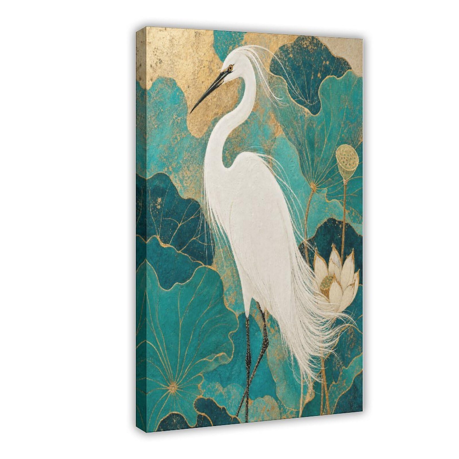 H3b8u2y5 Frame-Style White Egret Lotus Canvas Wall Art, Gongbi Painting Style