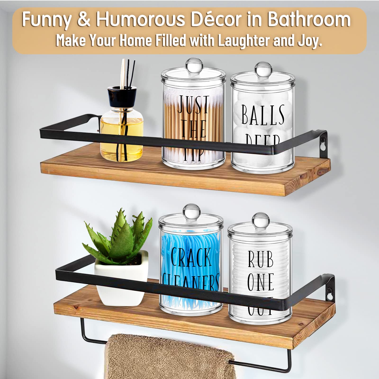4 Pack Fun Qtip Houder Apothecary Potten met Deksels, 10 oz Clear Badkamer Organizer Opslag voor Katoenen Wattenstaafje, Katoenen Ball, Floss en Katoen Ronde Pads, Katoenen Ball Houder Badkamer Decor