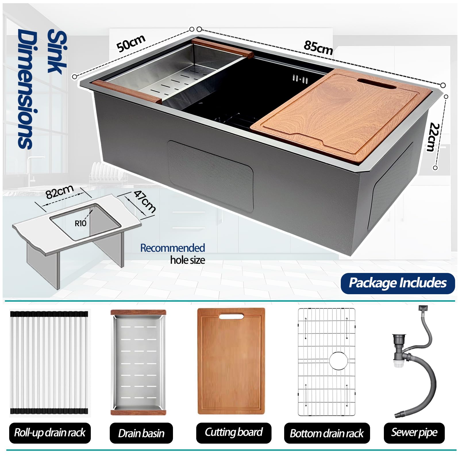 Küchenspüle Edelstahl Schwarz Anthrazit 85x50 cm, Mit Abtropfgestell, Abtropfbecken, Schneidebrett, Siphon, Abflussrohr, Unterbau-oder Aufsatzspüle, 1 Becken Spülbecken, Kitchen Sinks Waschbecken