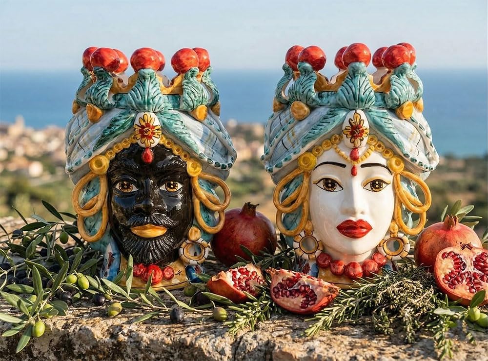 Generico Coppia teste di moro Caltagirone anelli in ceramica siciliana vasi grande H 30 cm