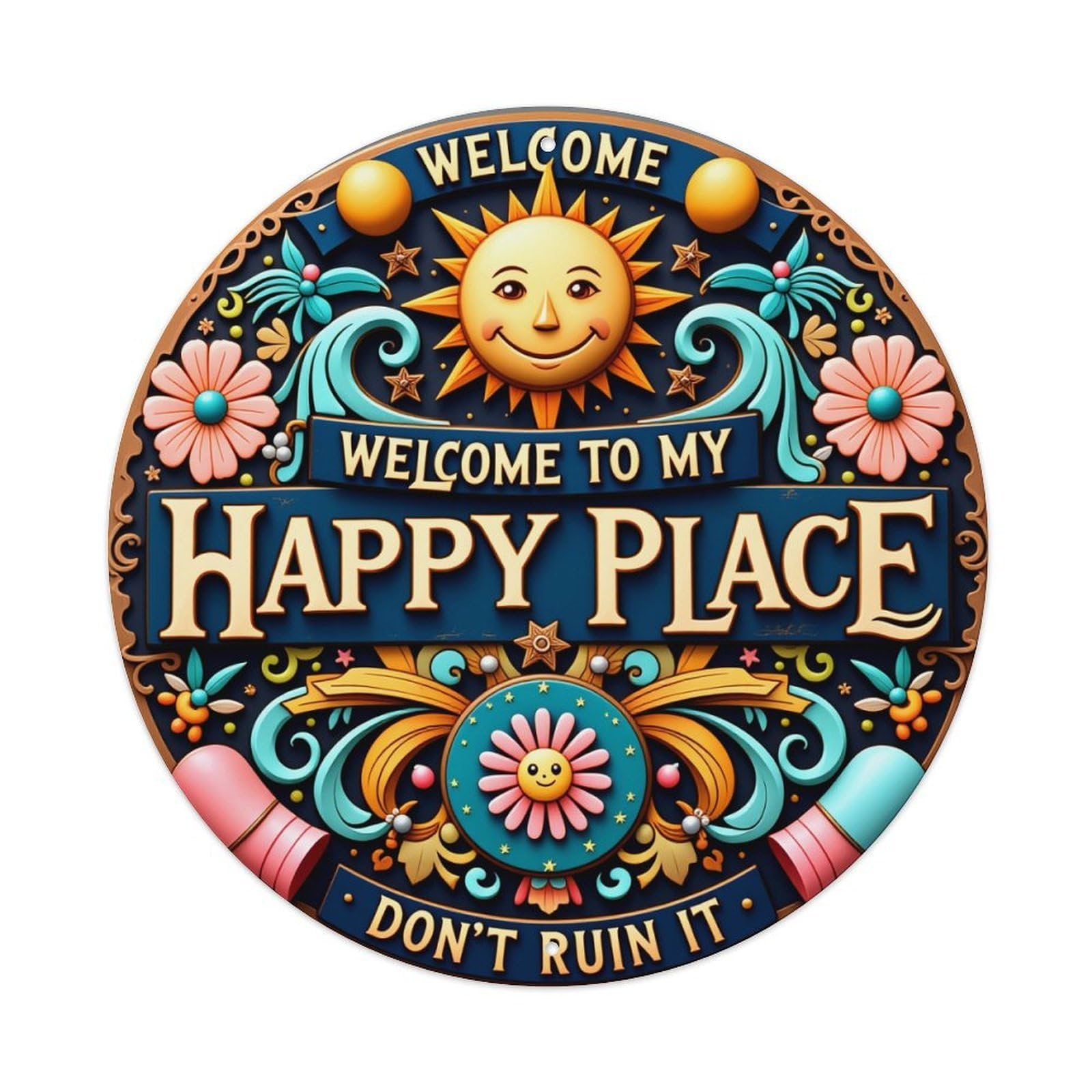 Sun Flower Scroll Art Sign Round Tin Sign Retro Metal Sign for Cafe Bar Pub Home Game Room Gym Club Wall Decoration Vintage Metal Poster 8x8 Inch