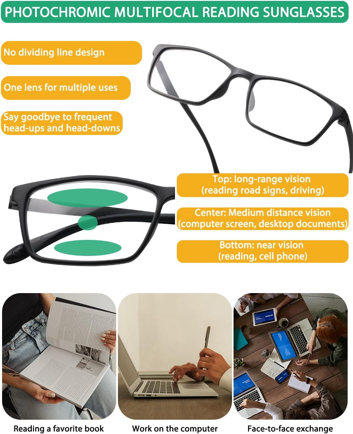 Photochromic Multifocus Reading Glasses For Men Women,Premium Progressive Transition Sunglasses Anti UV/Blue Light - Image 3