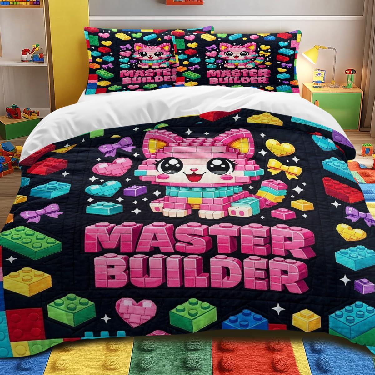 Kids Building Blocks Duvet Cover Set Single Size, Kawaii Brick Cat Master Builder Bedding for Girls, Colorful Microfiber Comforter Cover with Zipper Closure, Tween Room Decor