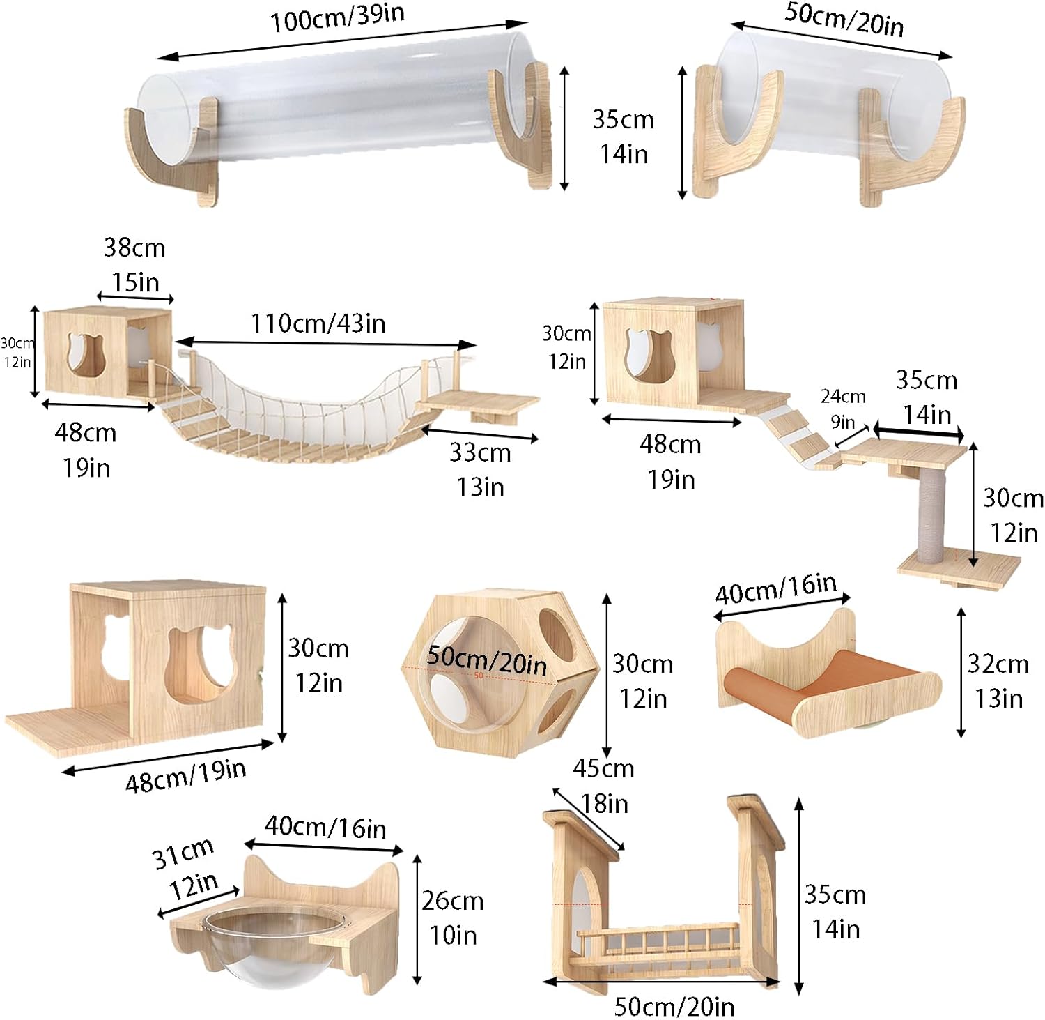 Wall Mounted Cat Furniture Cat Stairs for Wall can Bear 10-15kg Includes Bed Bridge Steps Tunnel