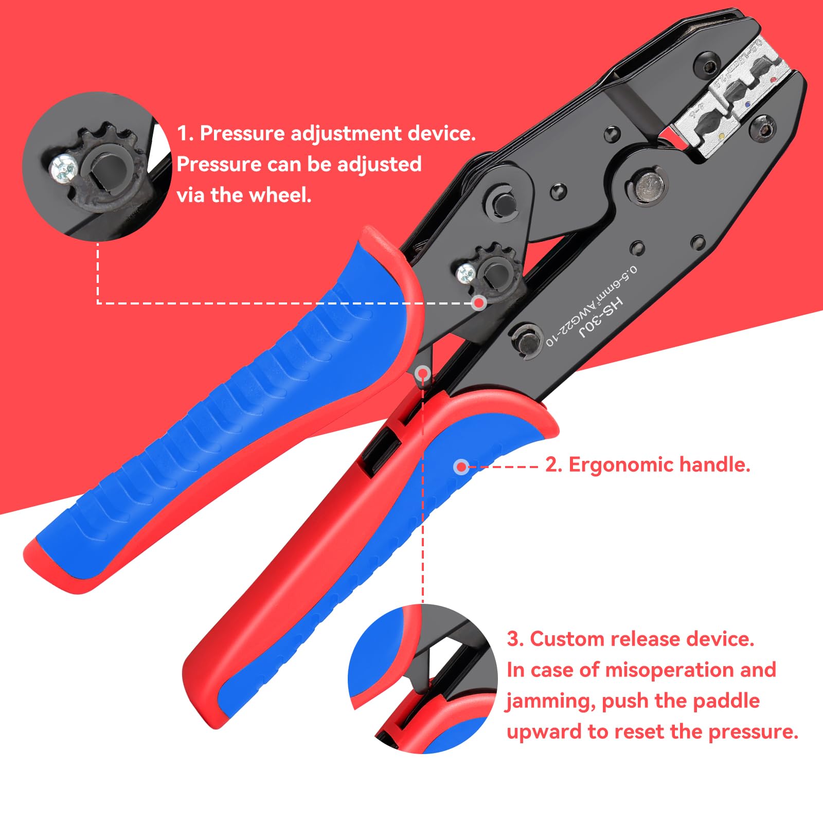 Professionelle Crimpzange Set mit 7 austauschbaren Backen für 0,5 – 35 mm² Crimp-Set für MC4-Solarstecker, isolierte und nicht isolierte Terminals, Aderendhülsen und Schrumpfschlauch Bleu