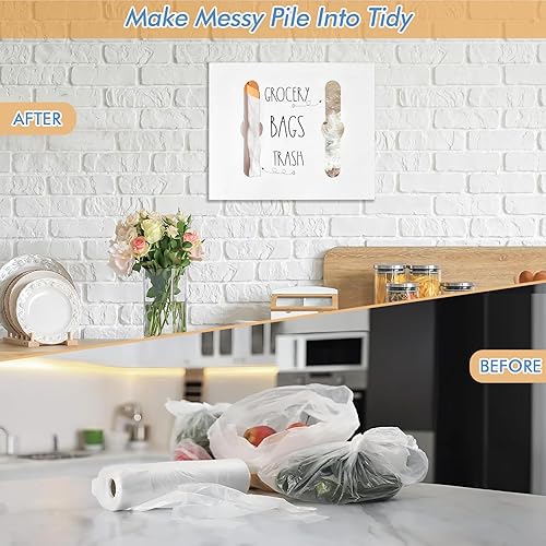 Miniatura 6 de SOWA Soporte para bolsas de plástico de madera y dispensador de bolsas de basura, dispensador de bolsas de plástico 2 en 1 para bolsas de