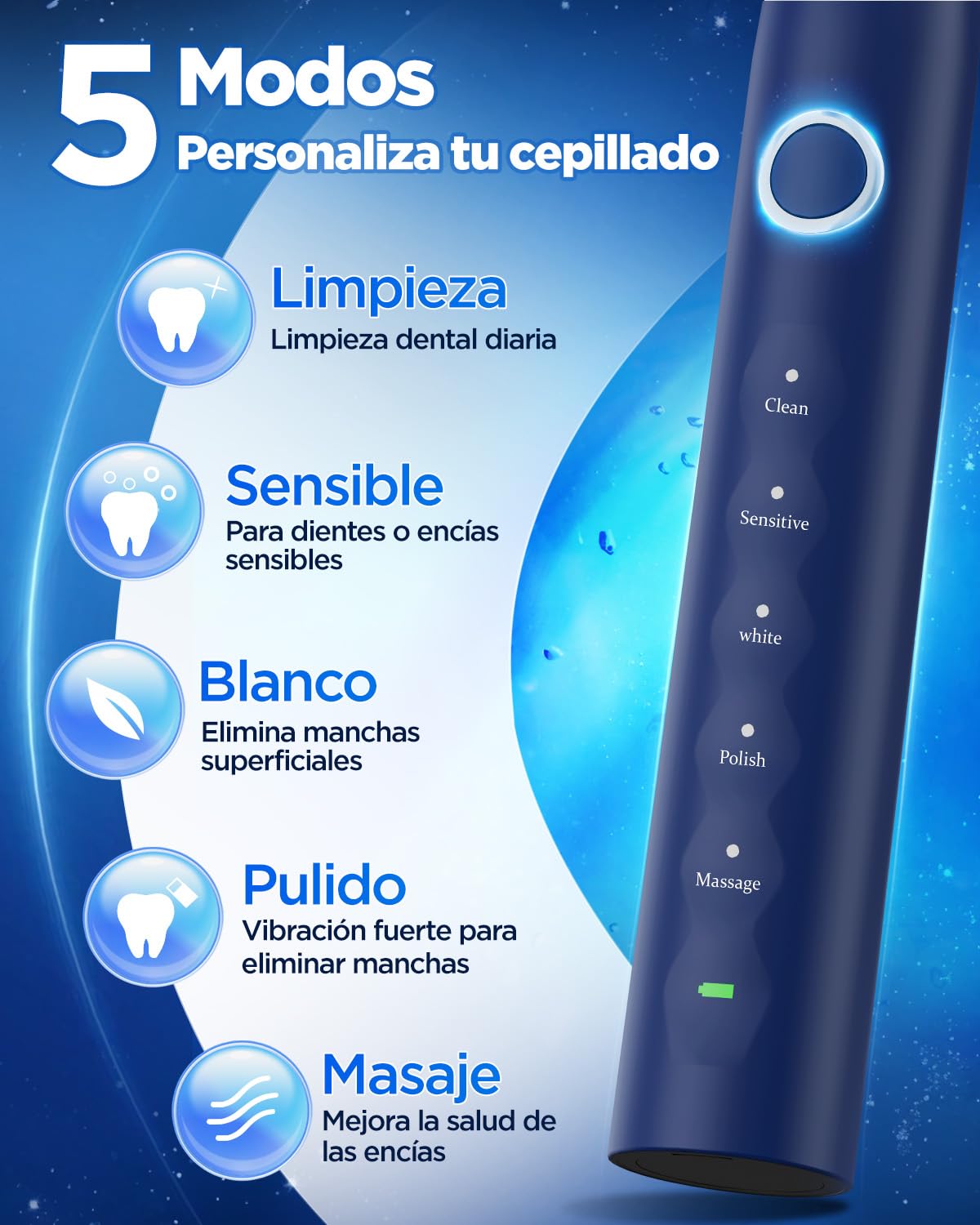 Cepillo de Dientes Eléctrico Sónico Hombres con 8 Cabezales - Cepillo Eléctrico Adultos con 5 Modos, Estuche de Viaje, 3 Meses de Autonomía, Cepillo Dientes Electrico Viaje Recargable, Blanco y Azul
